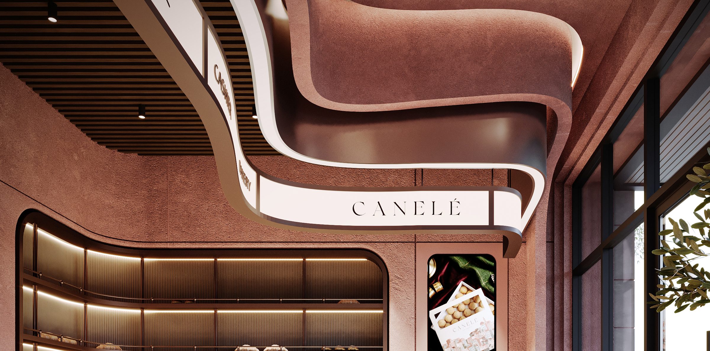 Sculpted terracotta ceiling over the pastry shelves at Canelé Pâtisserie, Mivida, New Cairo, by ASH Haus