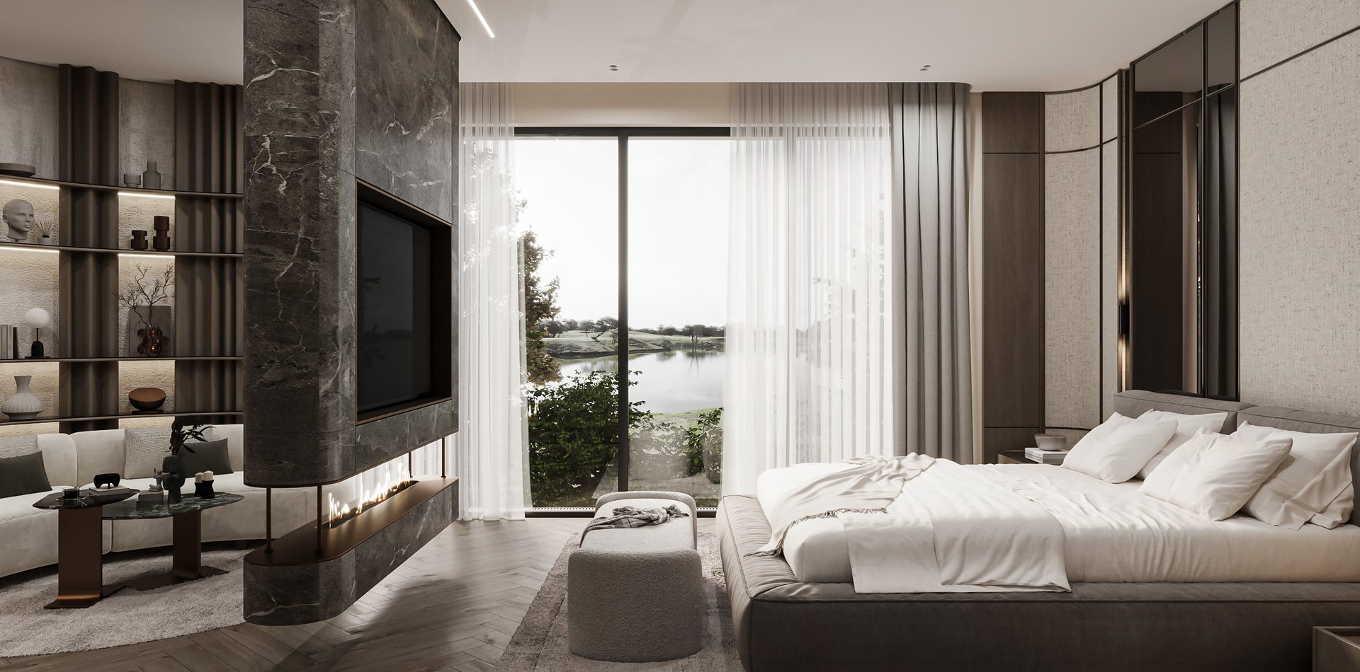Master bedroom with a marble TV column, timber shelving and lake view, The Mirage Villa, New Cairo