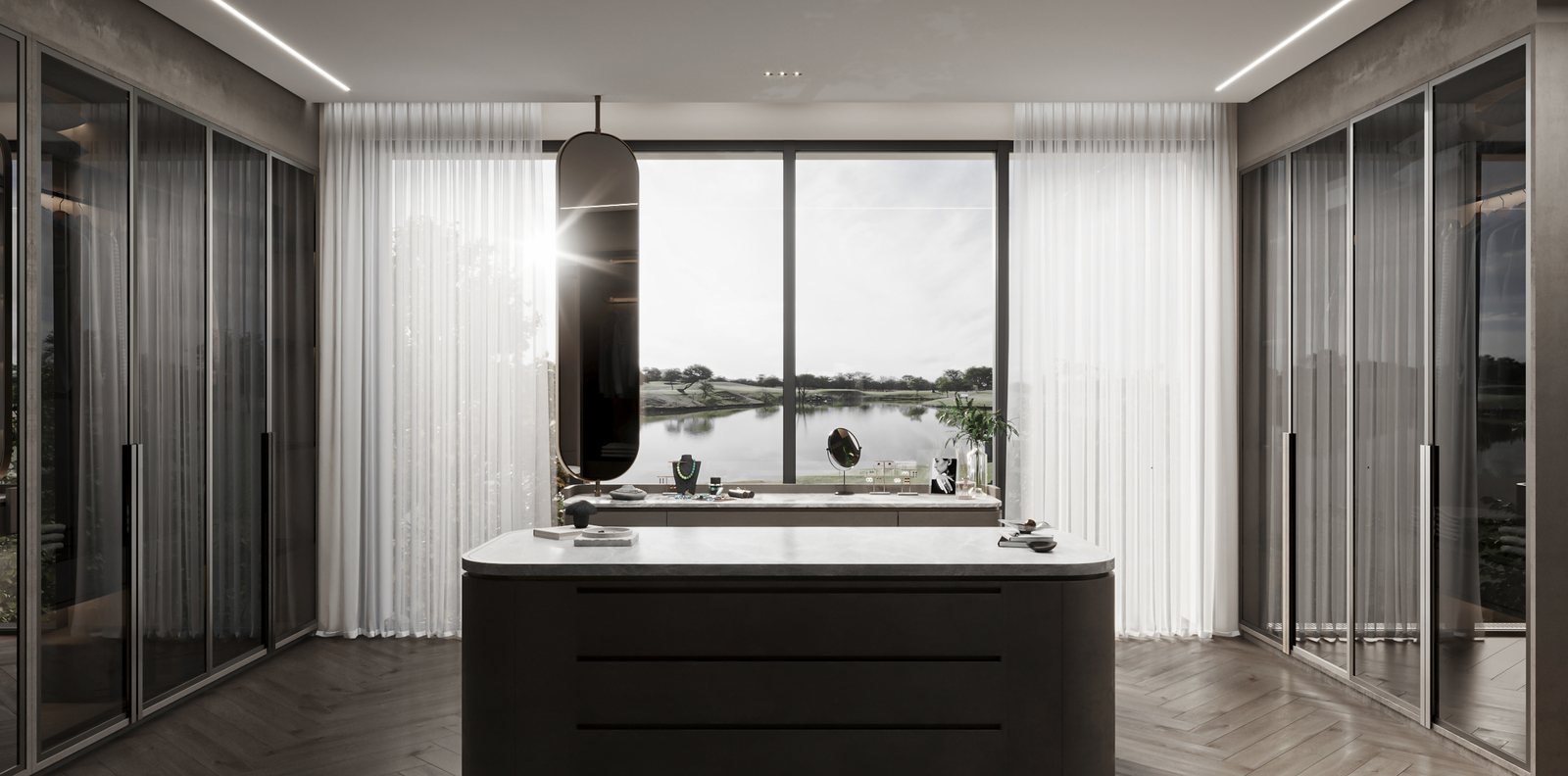 Dressing room with glass-fronted wardrobes and a black island, The Mirage Villa master suite