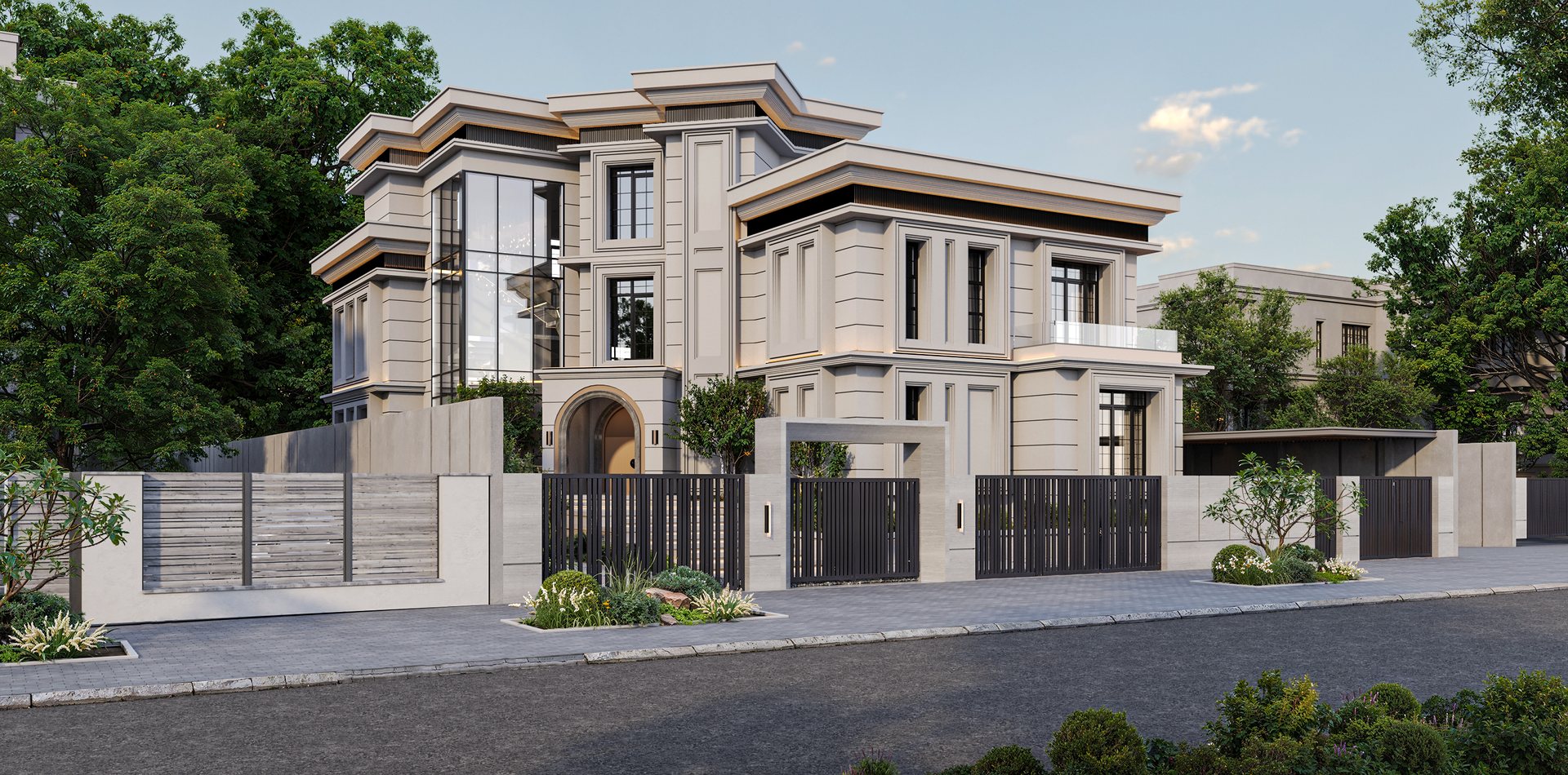 Neoclassical stone villa façade with an arched entrance and gated garden, The Mirage Villa, New Cairo
