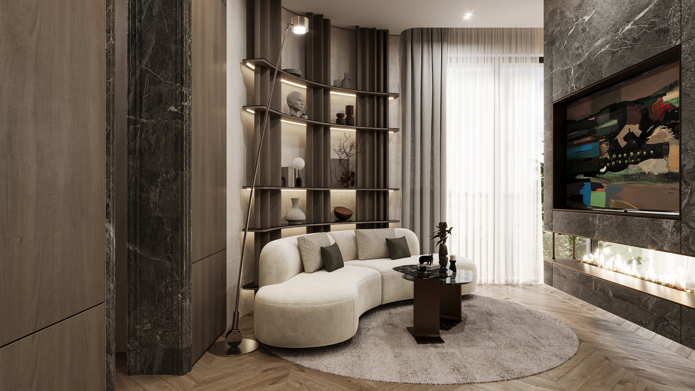Sitting room with a curved bouclé sofa, dark marble and linear fireplace, The Mirage Villa