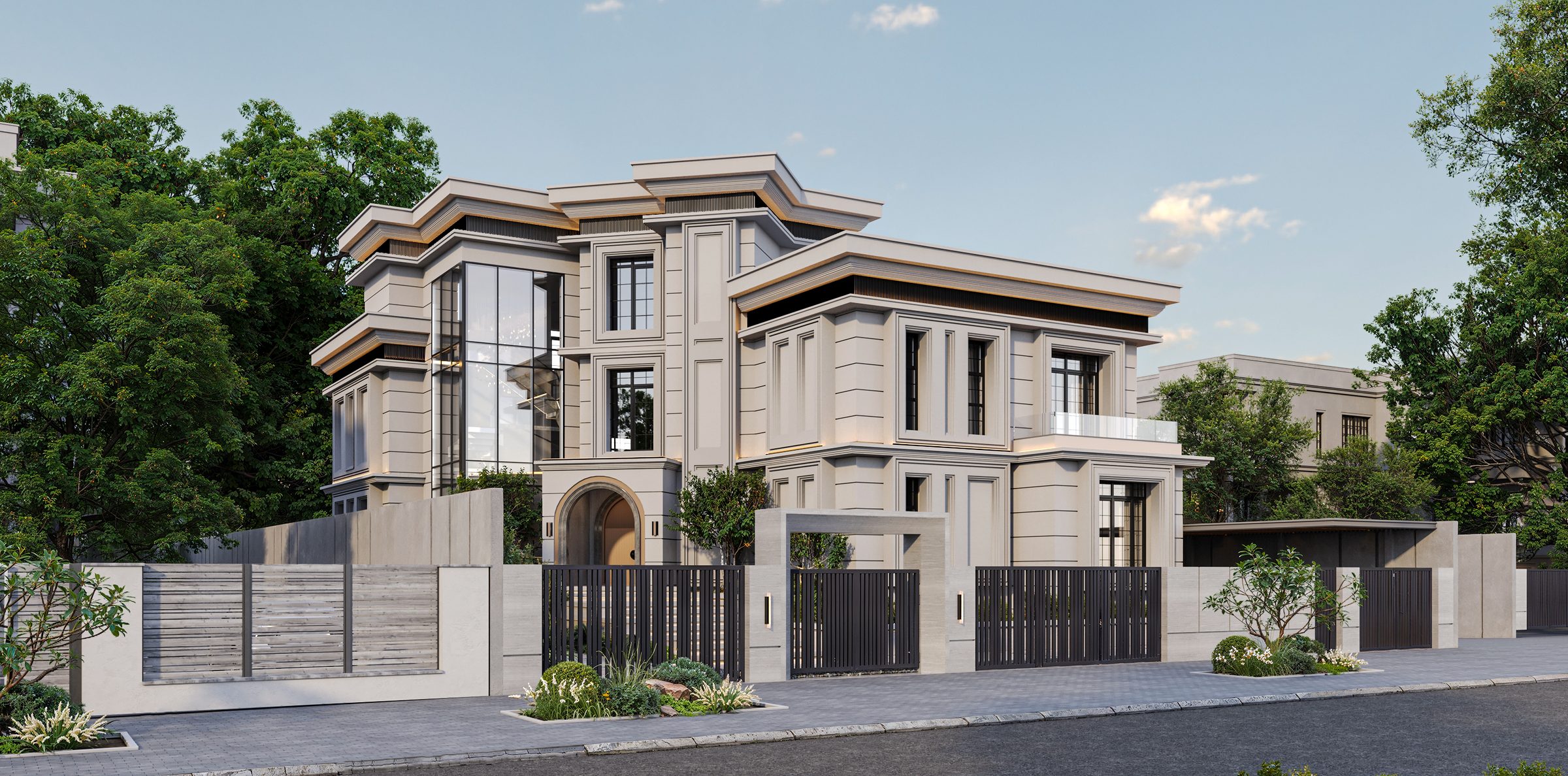 Neoclassical stone villa façade with an arched entrance and gated garden, The Mirage Villa, New Cairo