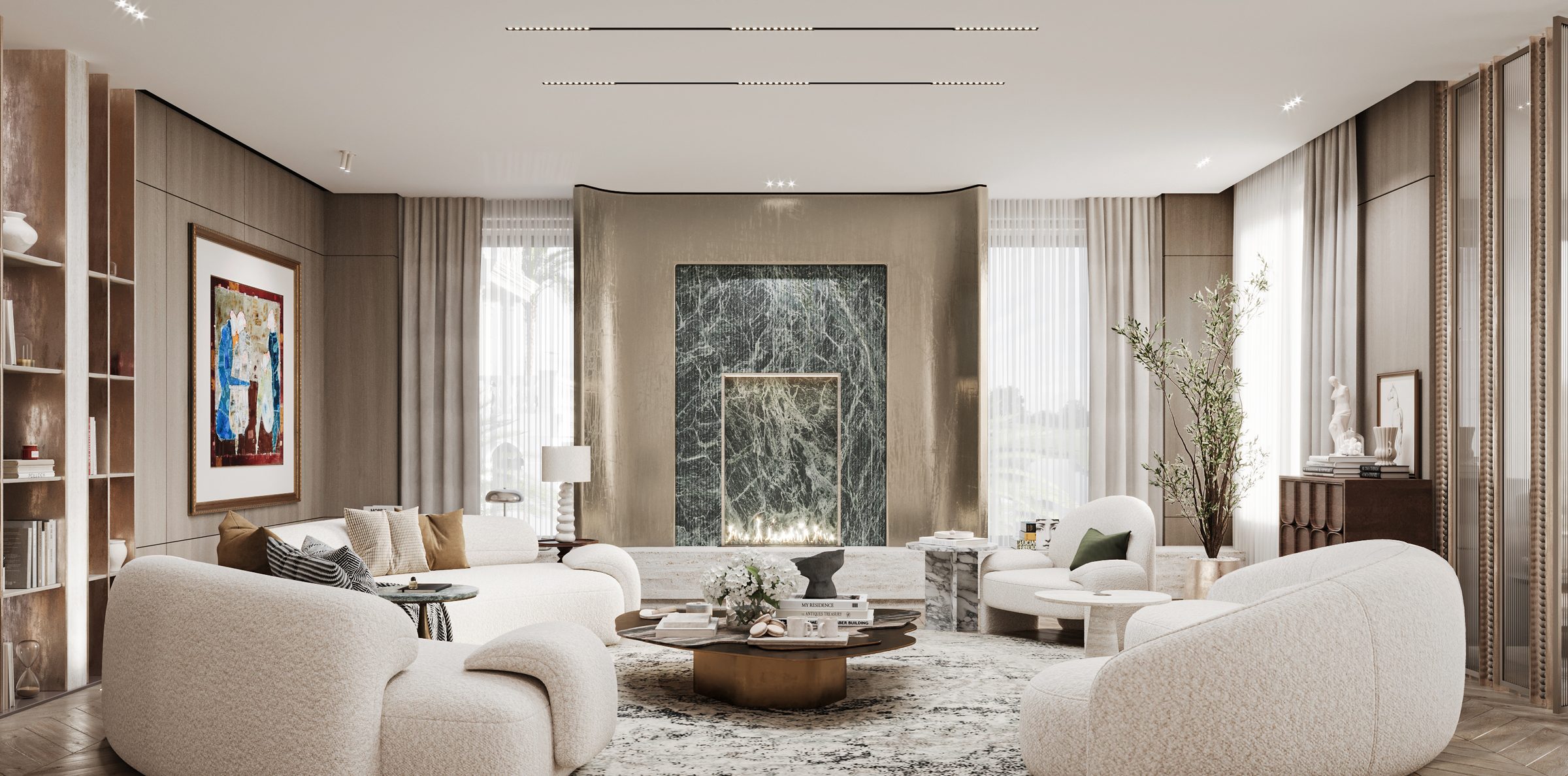 Formal living room with a green marble feature wall and cream bouclé sofas, The Mirage Villa