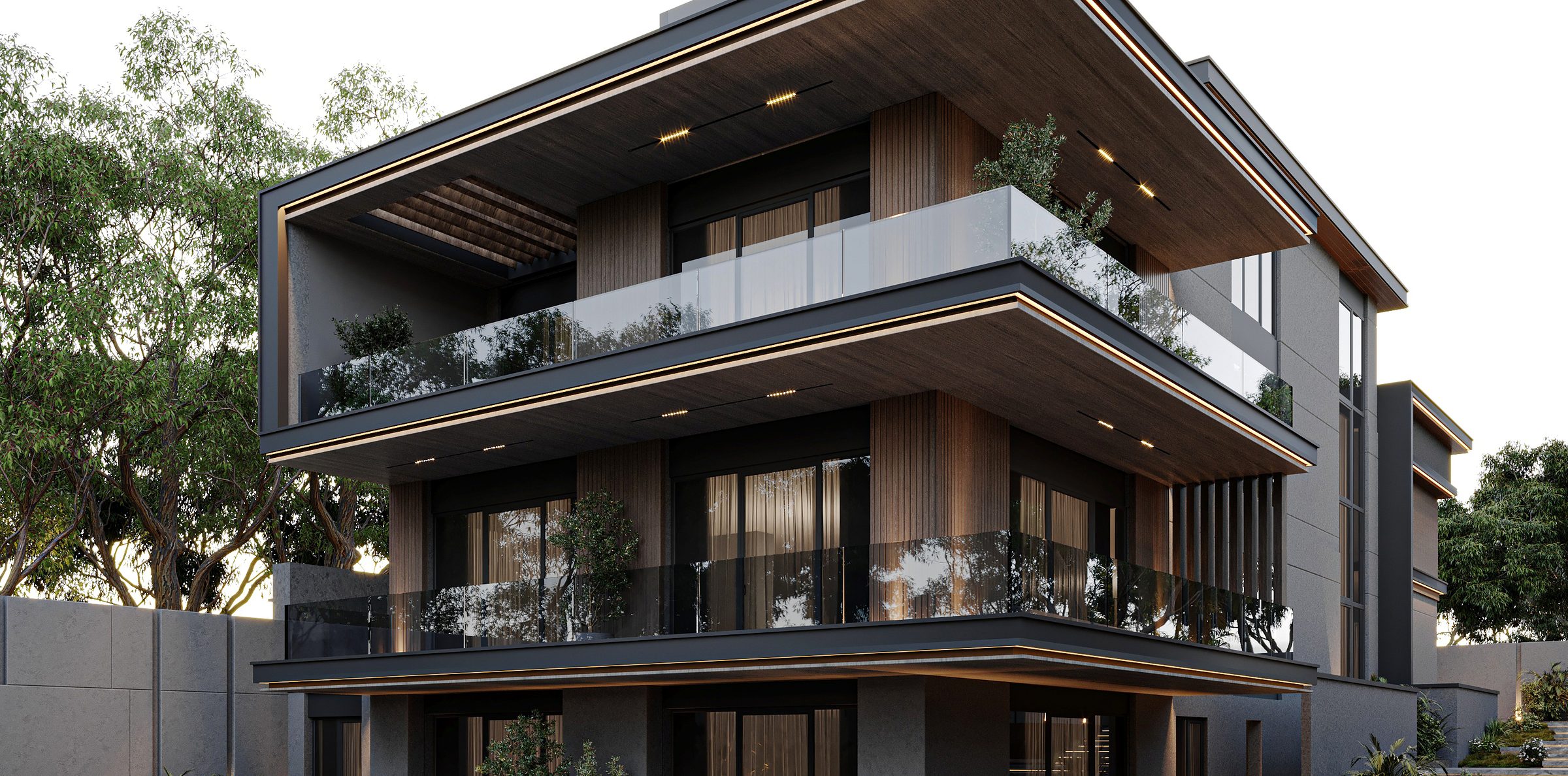 Contemporary villa architecture with timber soffits and glass balconies, New Cairo
