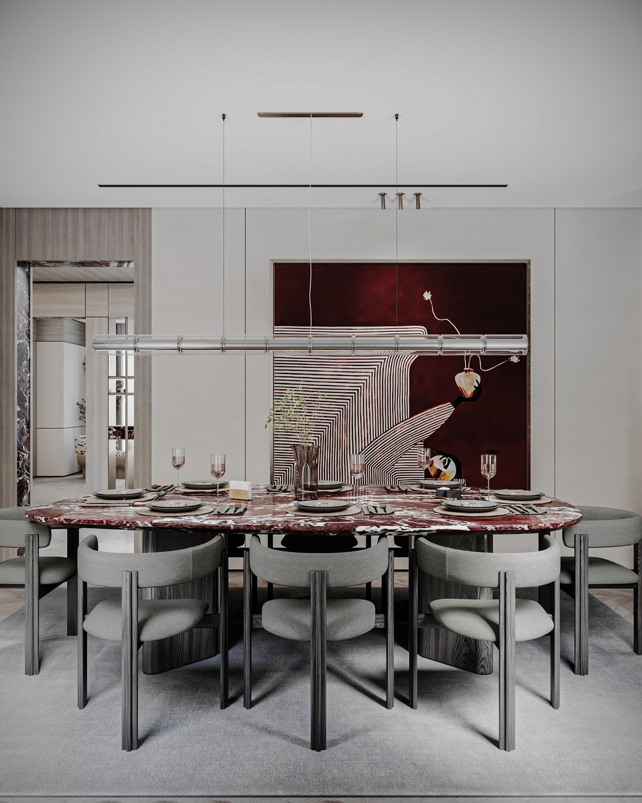 Dining room with a red marble table, olive chairs and linear pendant, Swan Lake Twin House